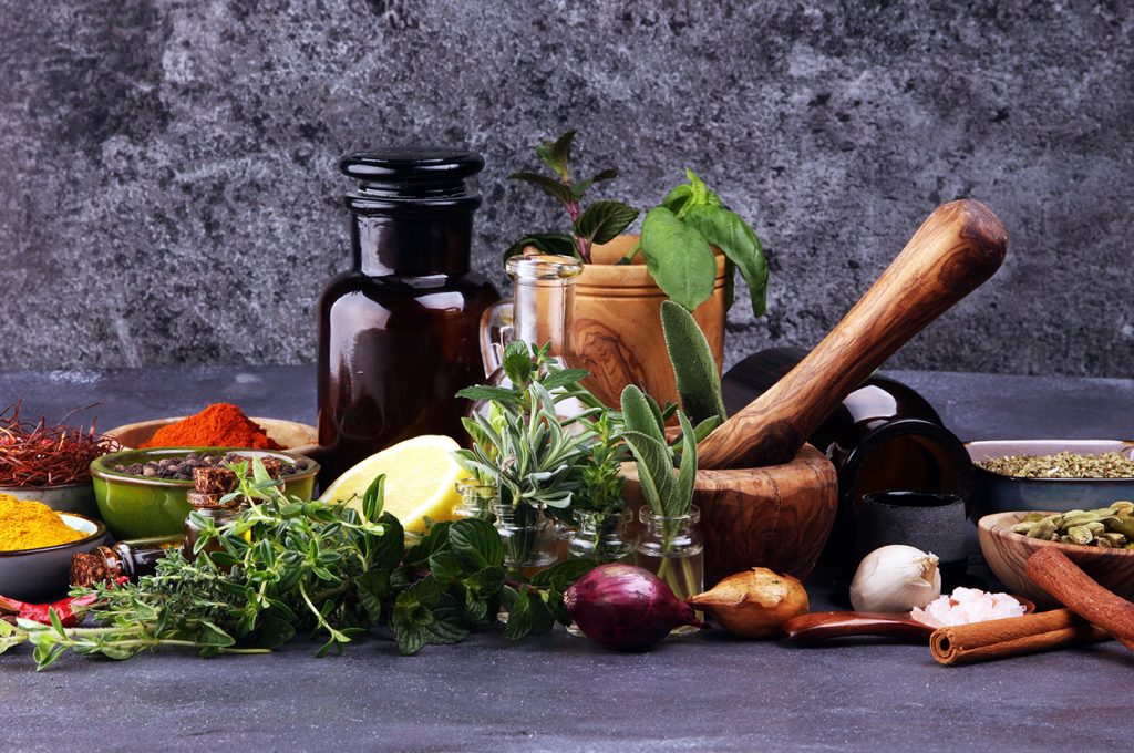 Spices and herbs on table. Food and cuisine ingredients on table